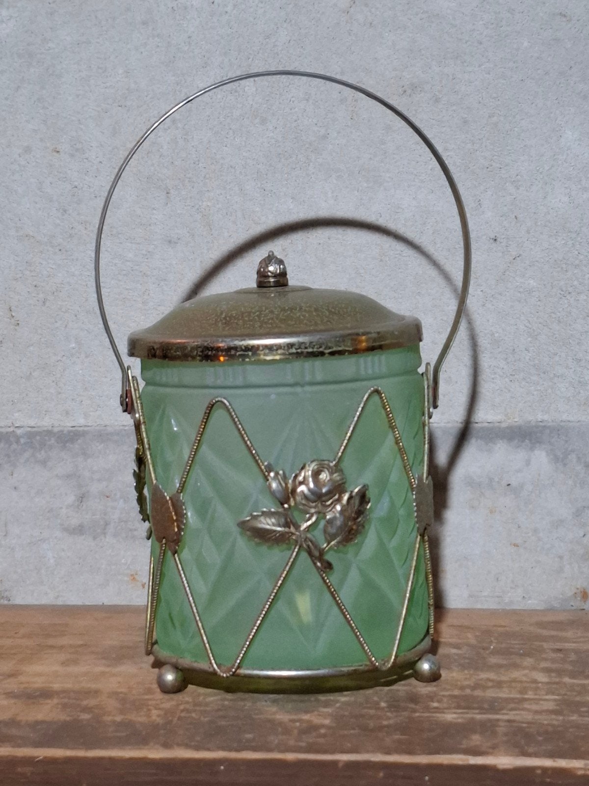 Oude antieke art nouveau biscuit pot satijnglas groen glas, Ophalen of Verzenden