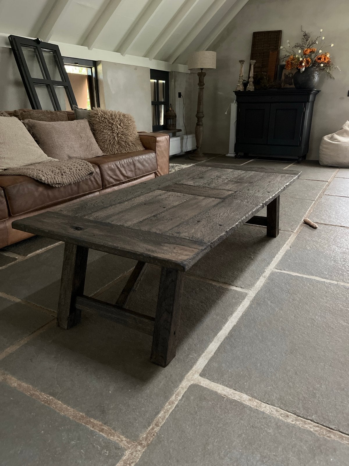Landelijke salontafel van oud eikenhout, Huis en Inrichting, Ophalen, 100 tot 150 cm, Landelijk sober, Eikenhout