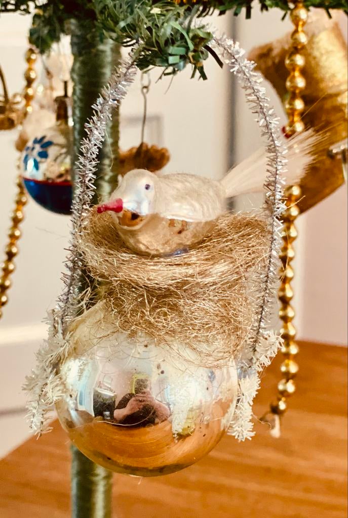 Antiek kerstvogeltje op oude kerstbal glas, Ophalen of Verzenden