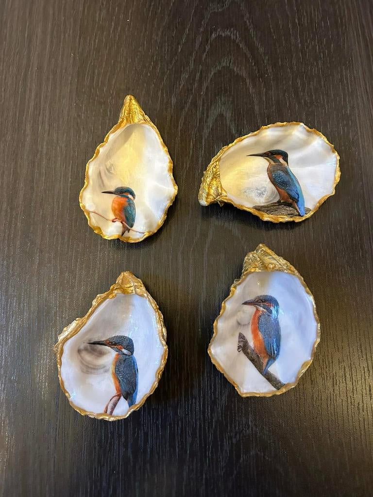 Decoratieve oesterschelpen met ijsvogelafbeeldingen, Ophalen of Verzenden, Nieuw, Vogel, Overige typen