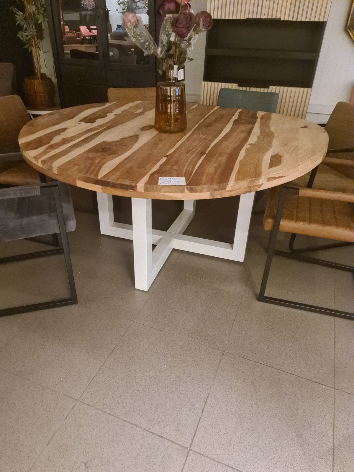 nieuwe eettafel rond 150cm suarhout blokpoot bkeus €220, Ophalen, Hout, Meerkleurig, .