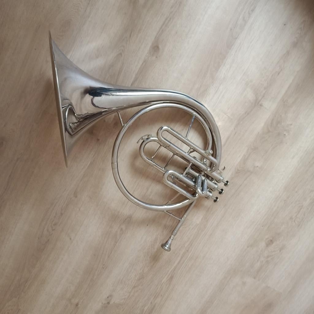 Zilverkleurige Franse Hoorn met Koffer - Gebruikt, Muziek en Instrumenten, Blaasinstrumenten | Hoorns, Ophalen of Verzenden, Gebruikt