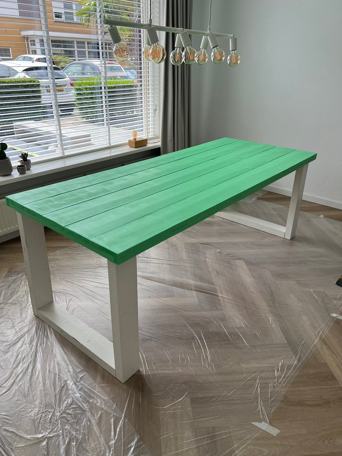 Tafel steigerhout 220cm, Huis en Inrichting, Ophalen, Gebruikt, 200 cm of meer, 50 tot 100 cm