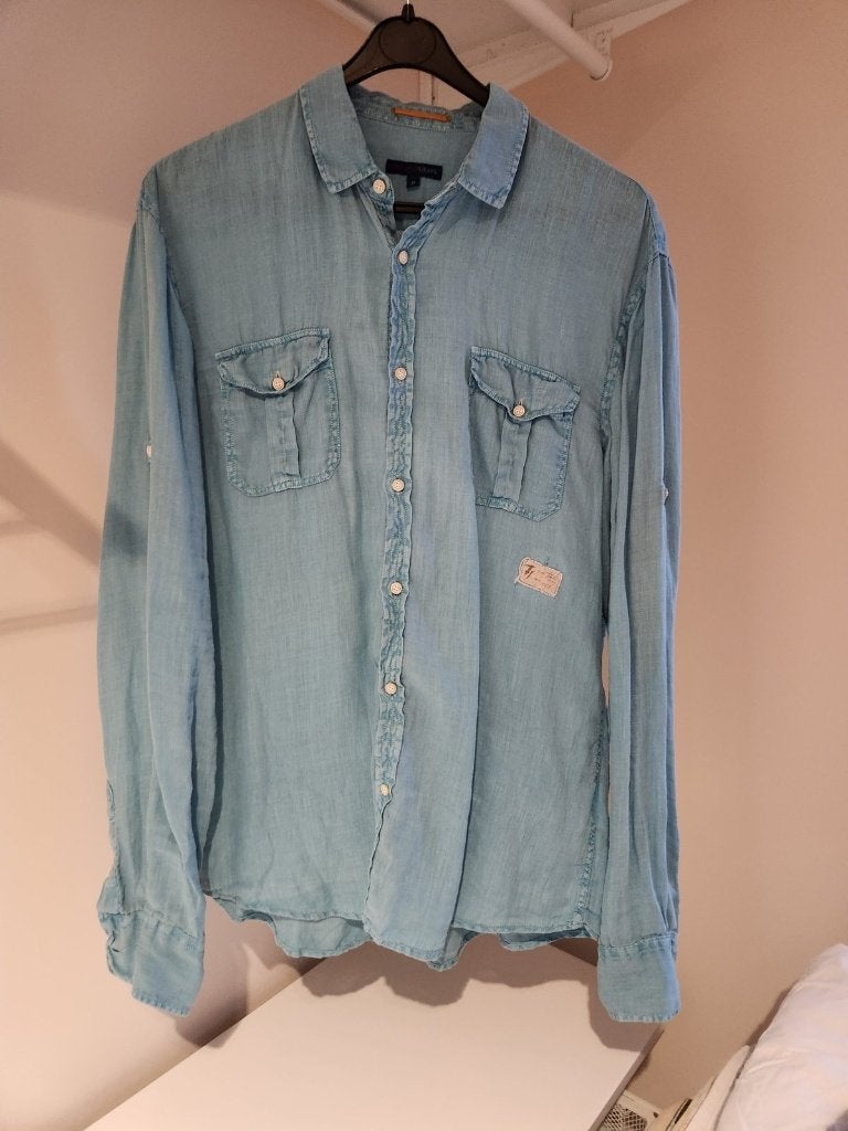 Trussardi Jeans linnen overhemd lichtblauw, maat M, Blauw, Trussardi Jeans, Gedragen, Halswijdte 39/40 (M)