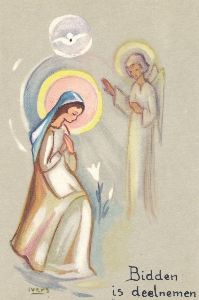 6 Devotieprentjes van Maria  getekend door Ivers, Ophalen of Verzenden, Zo goed als nieuw, Kaart of Prent, Christendom | Katholiek