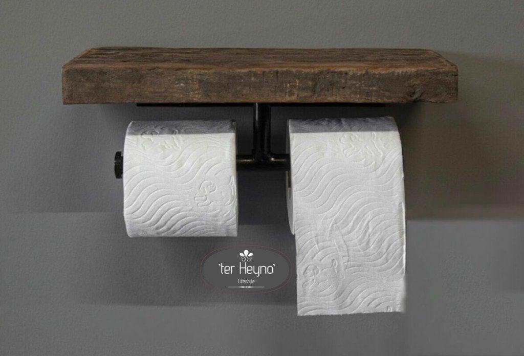 Oud houten toiletrol houder dubbel hout toilet stoer sober, Verzenden, Nieuw, Hout