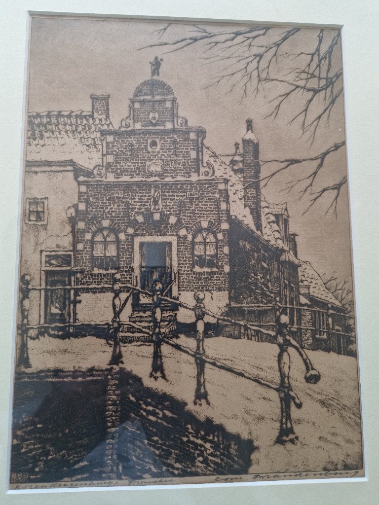 ets Franeker, Antiek en Kunst, Kunst | Etsen en Gravures, Stadsgezicht, 23 cm, Ophalen of Verzenden, Ingelijst