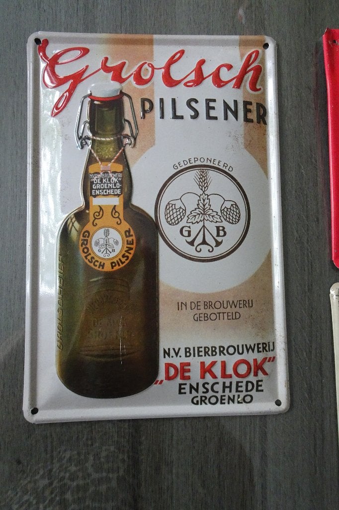 diverse metalen wandbordjes met Grolsch, Ophalen, Zo goed als nieuw, Reclamebord