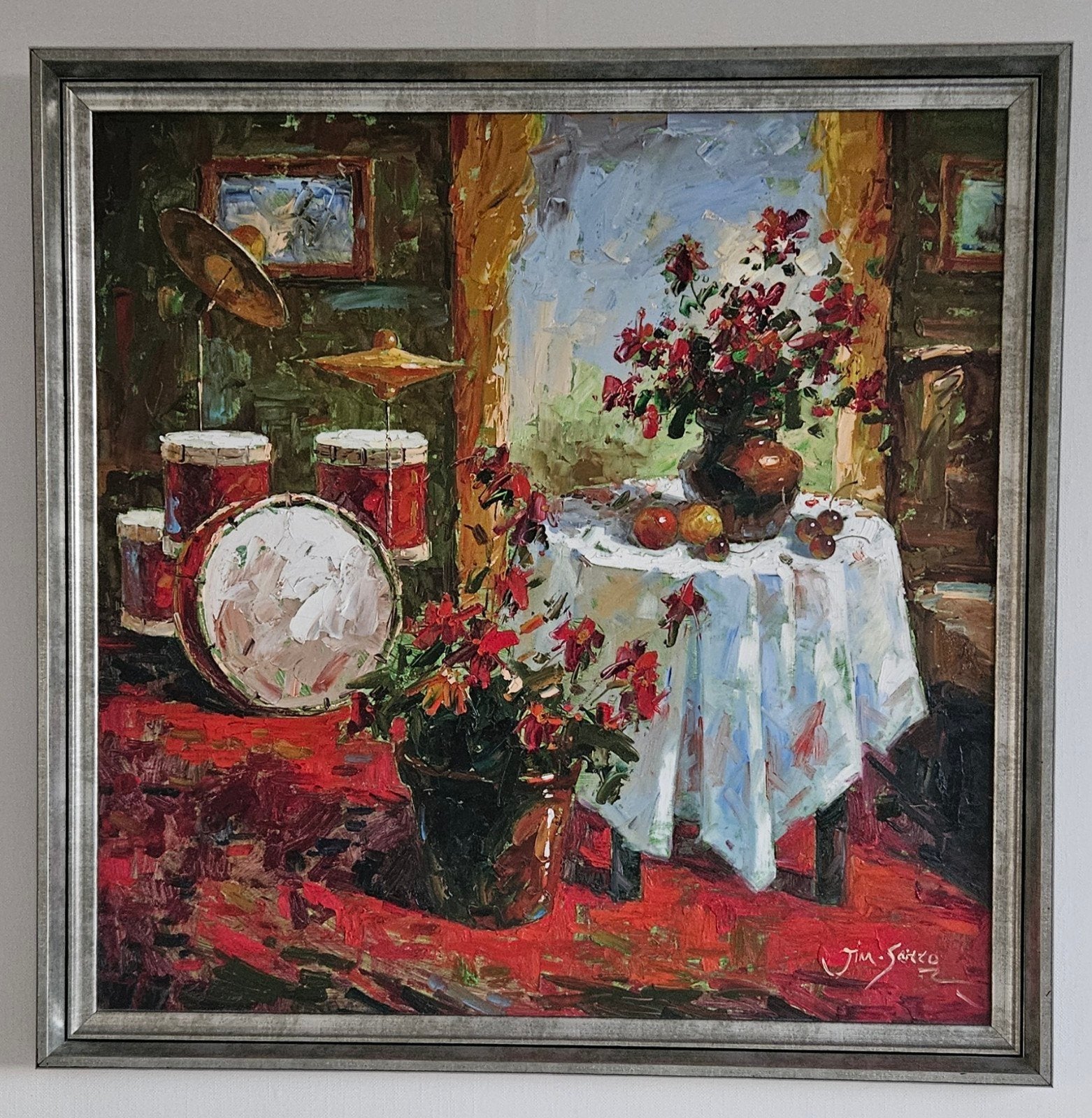 Schilderij met lijst drumstel tafel bloemen stilleven, Antiek en Kunst, Kunst | Schilderijen | Modern, Ophalen