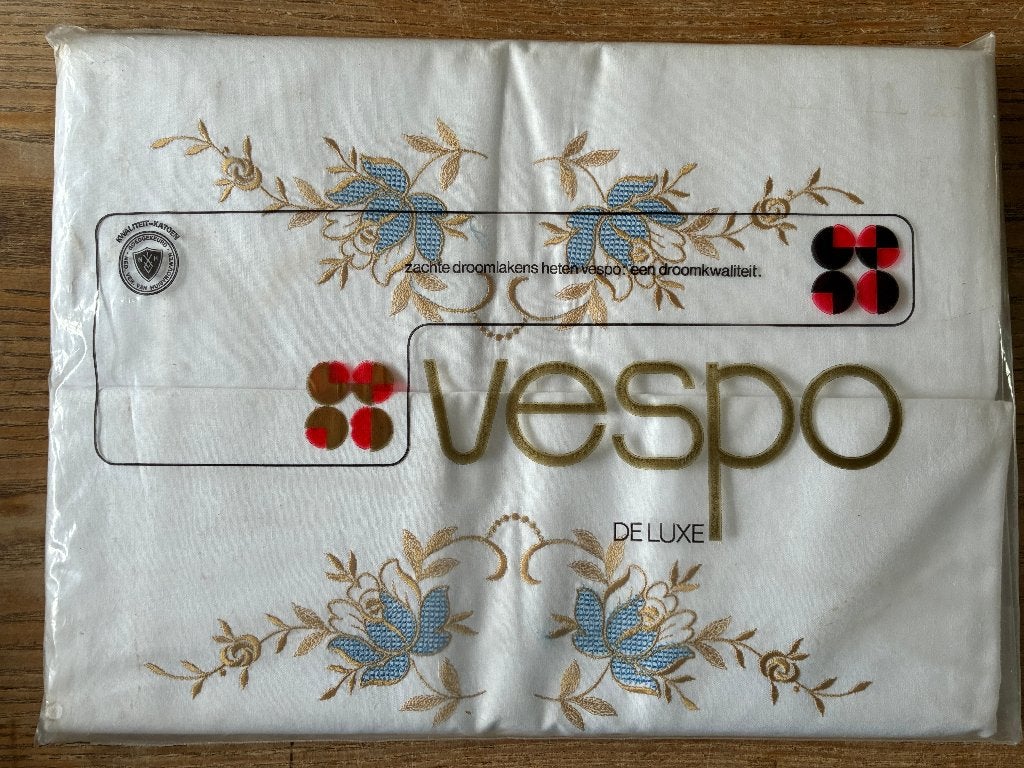 Vintage Vespo tweepersoons bedset laken 175x250 + 2 slopen, Wit, Overige typen, Katoen, Ophalen of Verzenden