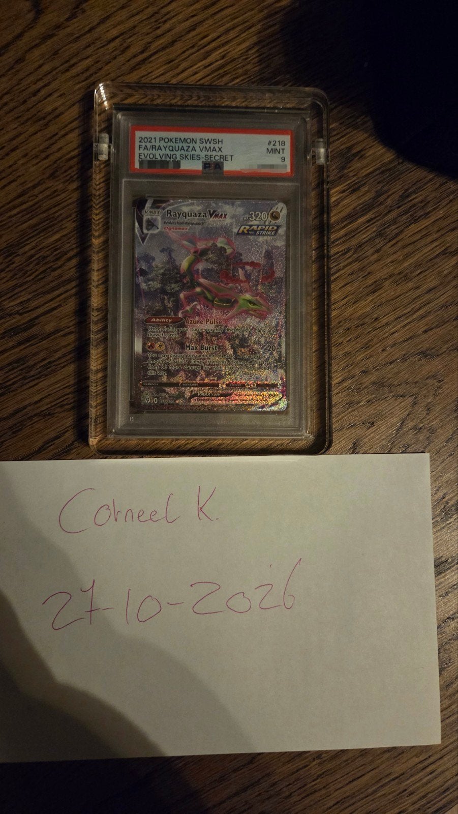 Rayquaza VMAX #218 PSA 9 MINT - Evolving Skies, Hobby en Vrije tijd, Ophalen of Verzenden, Zo goed als nieuw, Losse kaart