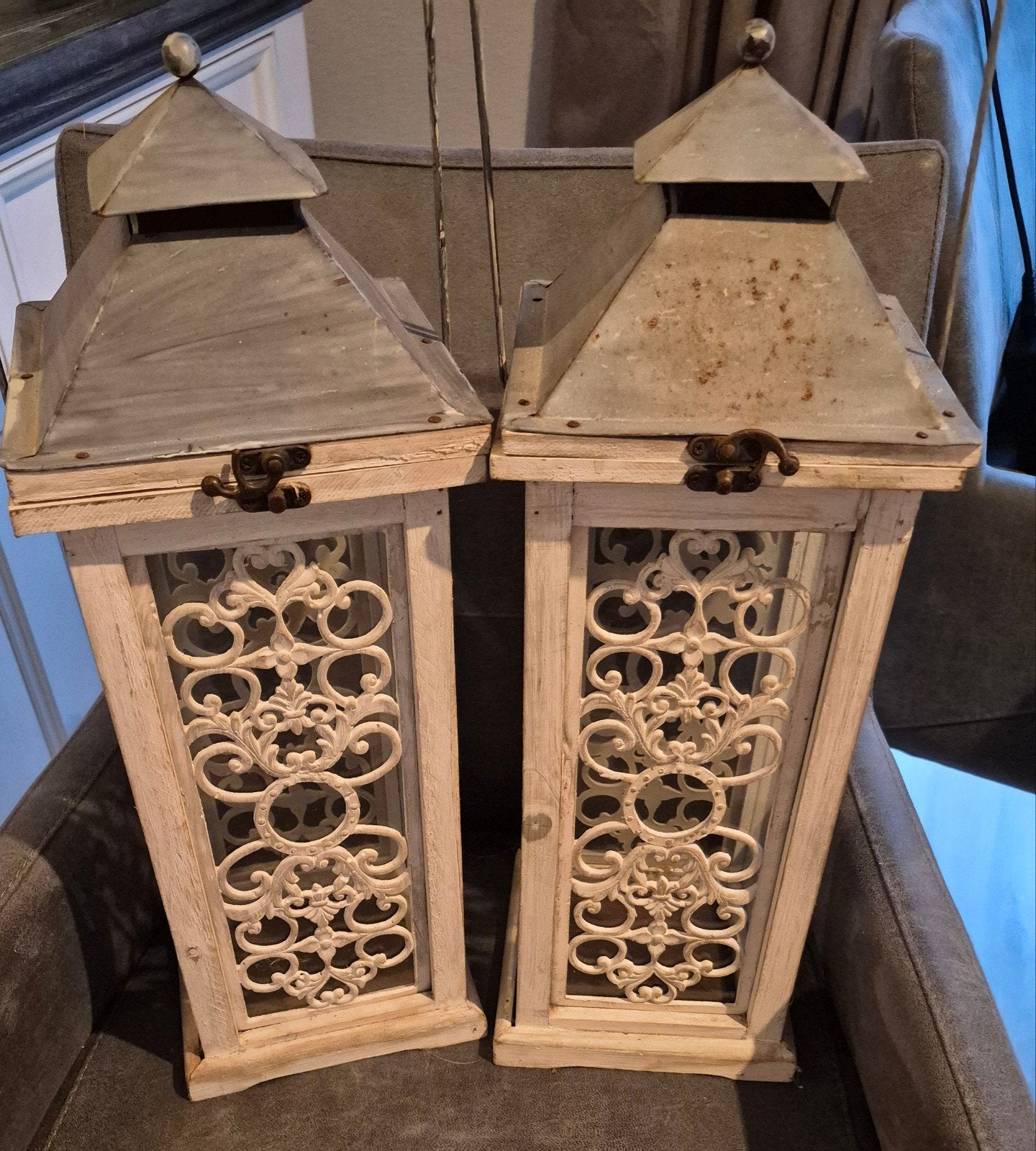 Set van 2 decoratieve lantaarns - Landelijk/Vintage, Huis en Inrichting, Ophalen, Hout, Gebruikt, Landelijk