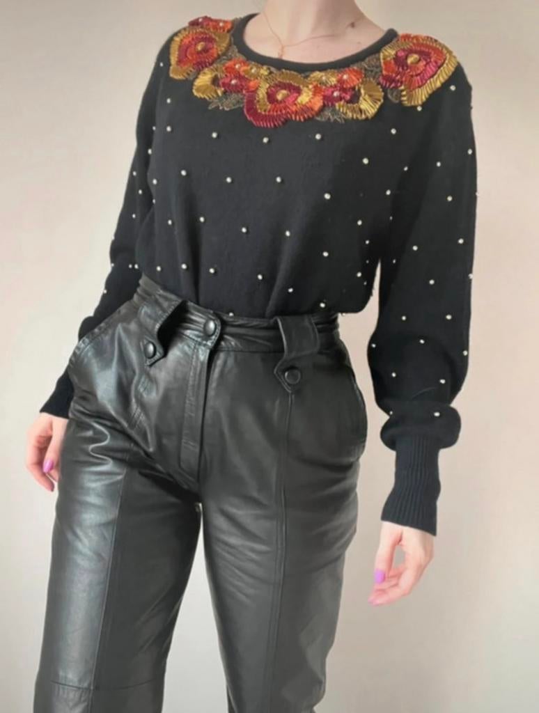 Vintage applicatie trui,M/L. Bloem boho bohemian embellished, Kleding | Dames, Maat 38/40 (M), Verzenden, Zwart, Vintage