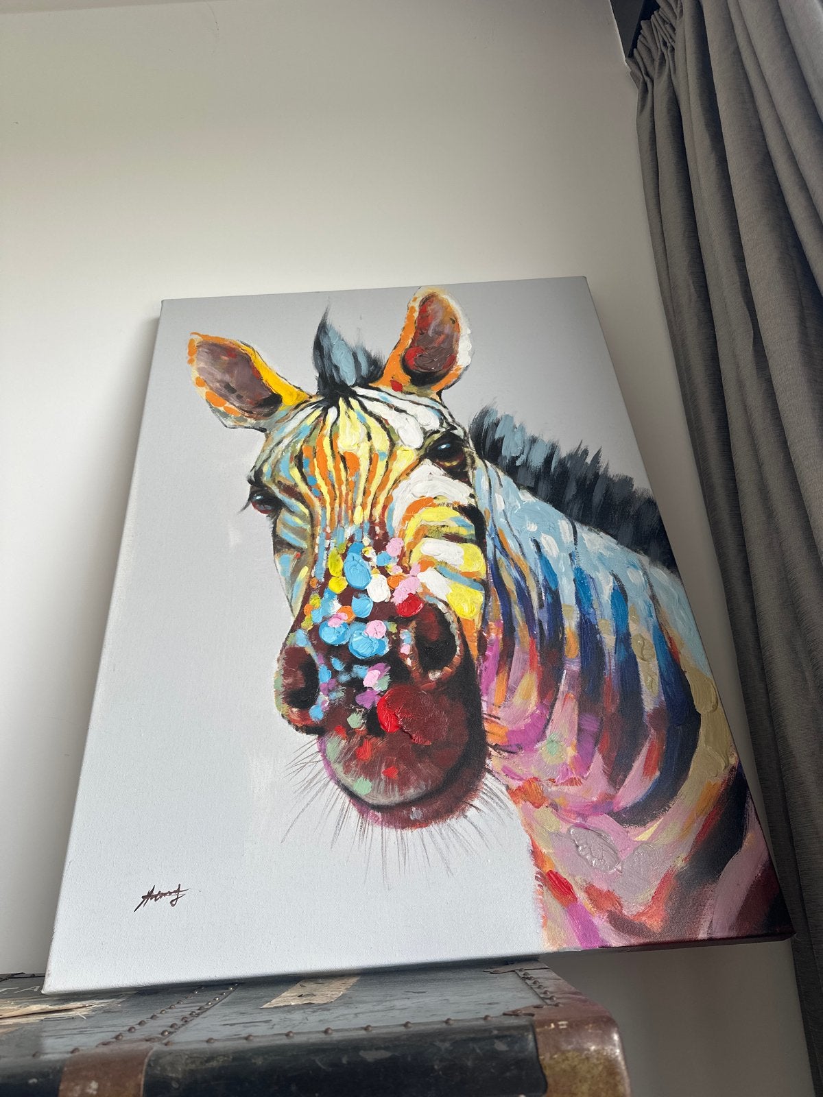 Levendig Zebra Schilderij - Kleurexplosie - 70x100 cm, Ophalen, Met textuur, Dieren, Olieverf