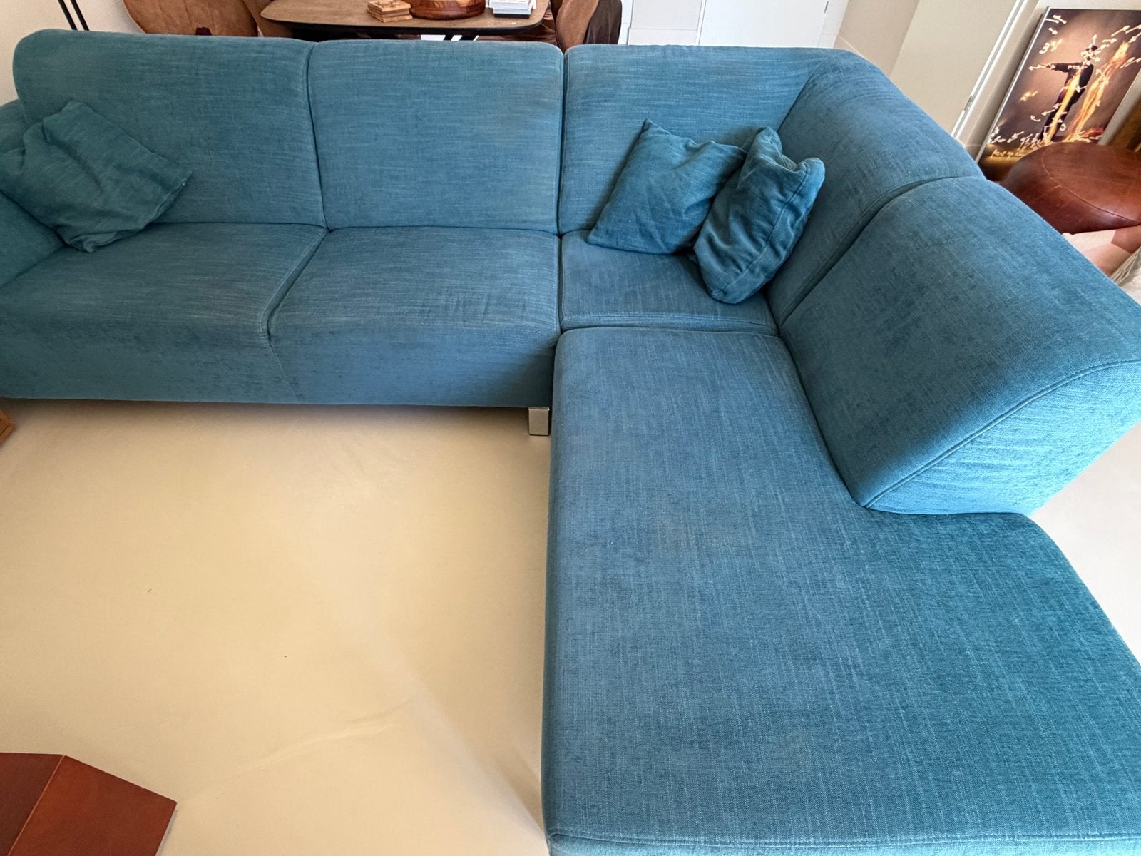 Ruime 2,5 zits hoekbank in petrolblauw, Huis en Inrichting, Banken | Bankstellen, Ophalen, 250 tot 300 cm, Gebruikt, 100 tot 125 cm