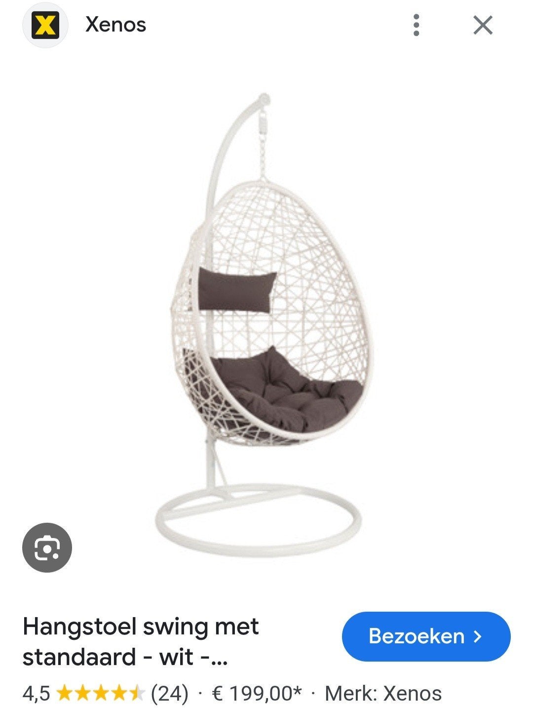 witte hangstoel xenos, Ophalen, Binnen, Zo goed als nieuw, Met standaard