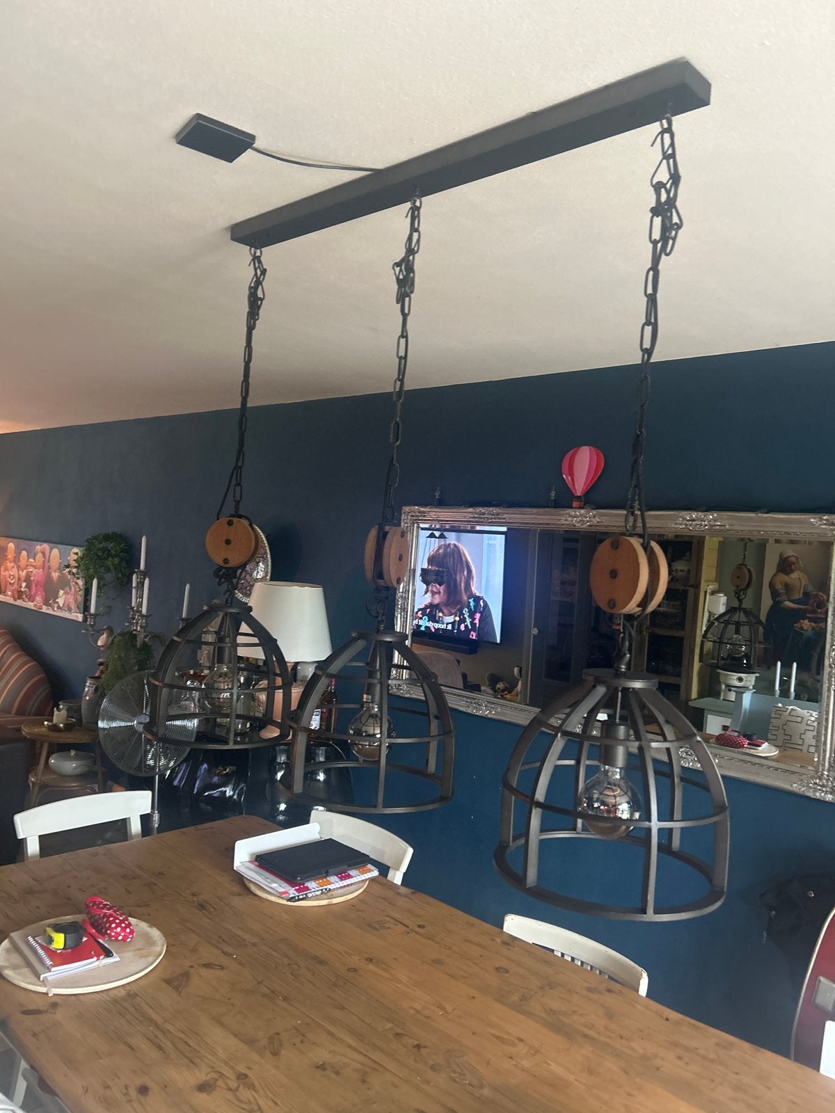 Industriële hanglamp met 3 kooien en katrollen, Huis en Inrichting, Ophalen of Verzenden, Gebruikt, Metaal, E27 (groot)