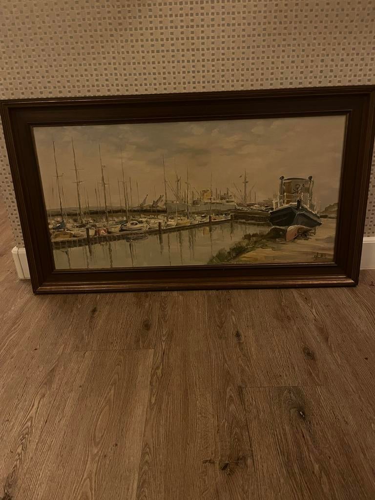 Olieverfschilderij havengezicht met boten en kranen, Antiek en Kunst, Kunst | Schilderijen | Klassiek, Ophalen of Verzenden