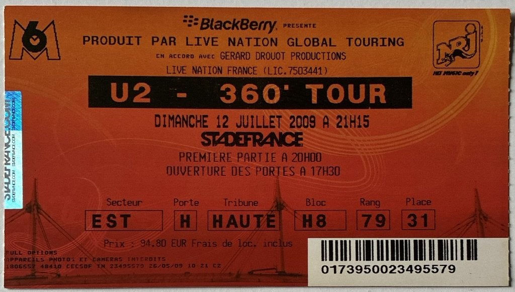 U2 - 360 Tour 2009 ticket (31), Ophalen of Verzenden, Zo goed als nieuw, Foto of Kaart