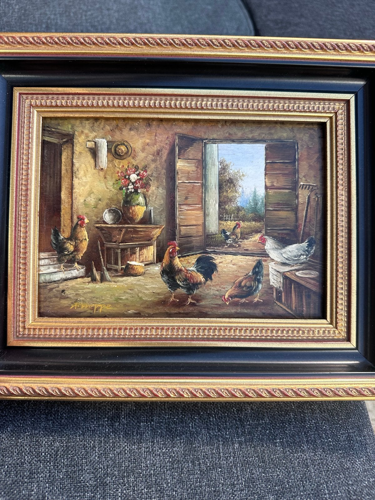 H. Hoppe schilderij 26x20 - Kippen op het erf, Antiek en Kunst, Paneel, Realistisch, Dieren, Ophalen of Verzenden