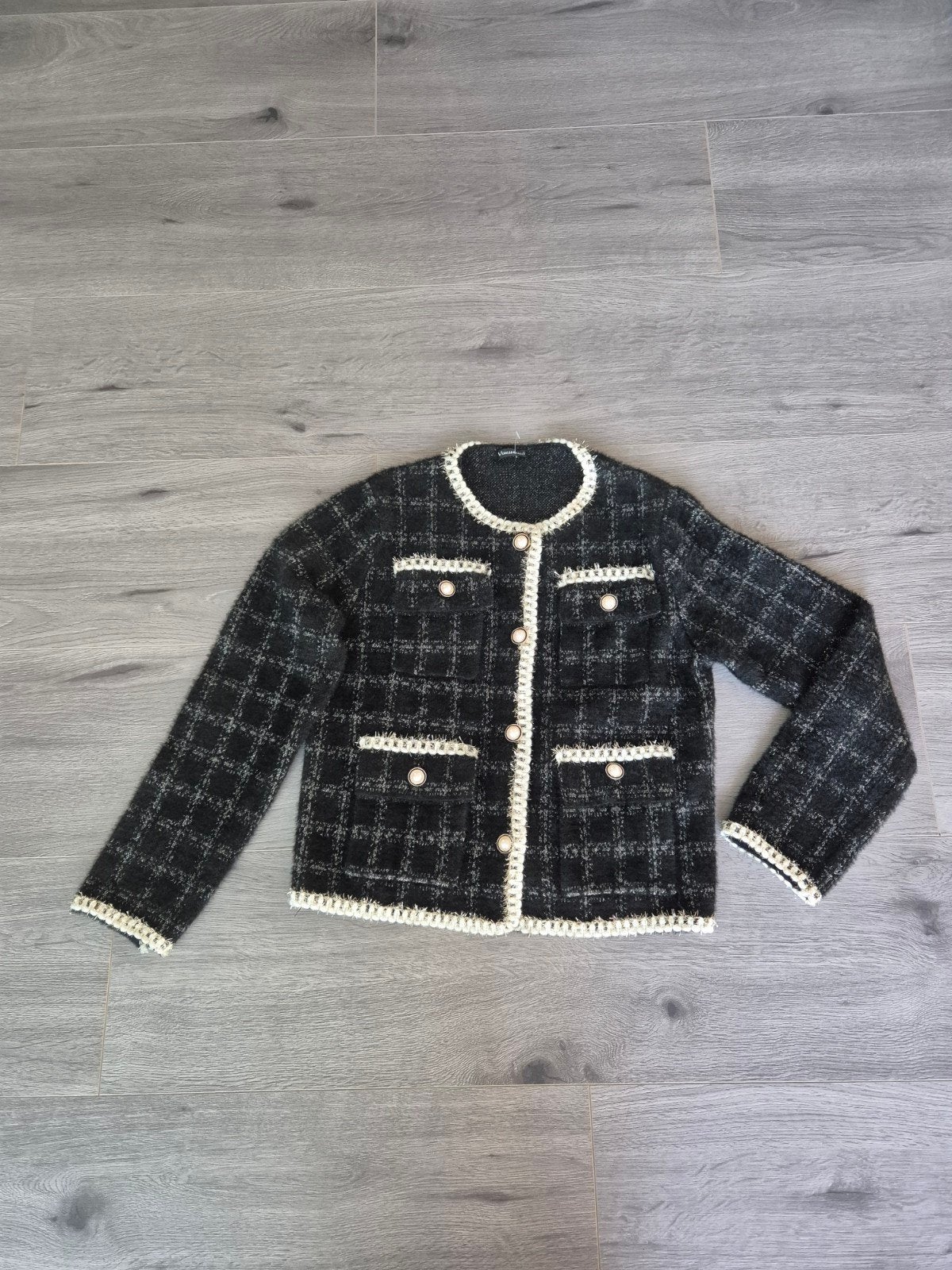 Venessanucci Bouclé Tweed Stijl Vest / Jasje – Zwart & Wit M, Maat 38/40 (M), Meerkleurig, Ophalen of Verzenden, Zo goed als nieuw