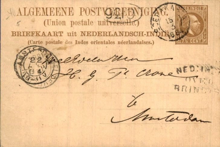 Nederlands Indië - Via Brindisi - 1884, Ophalen of Verzenden, Briefkaart