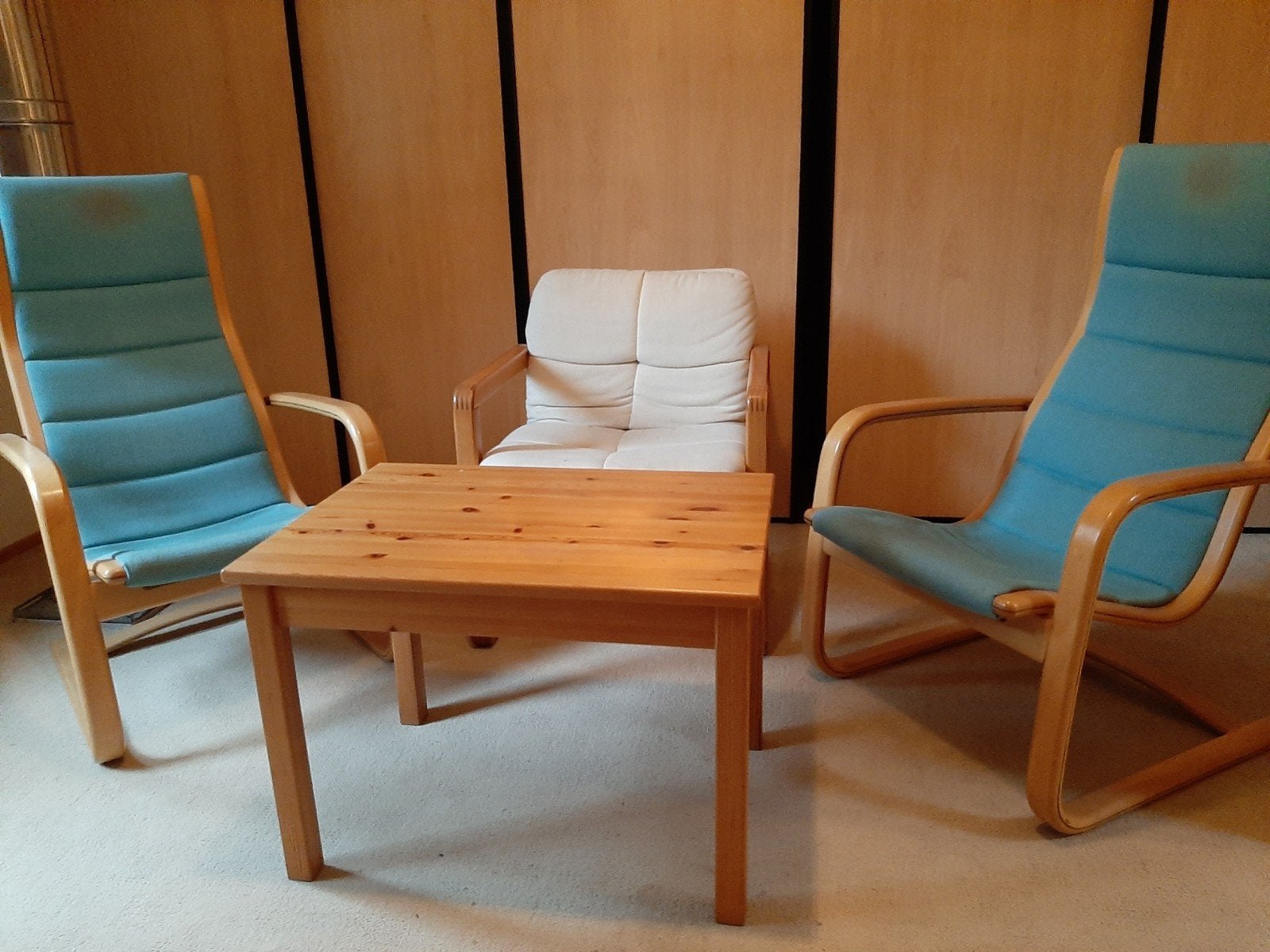 3 Scandinavische houten stoelen met tafeltje, Ophalen, Gebruikt, Drie, Stof