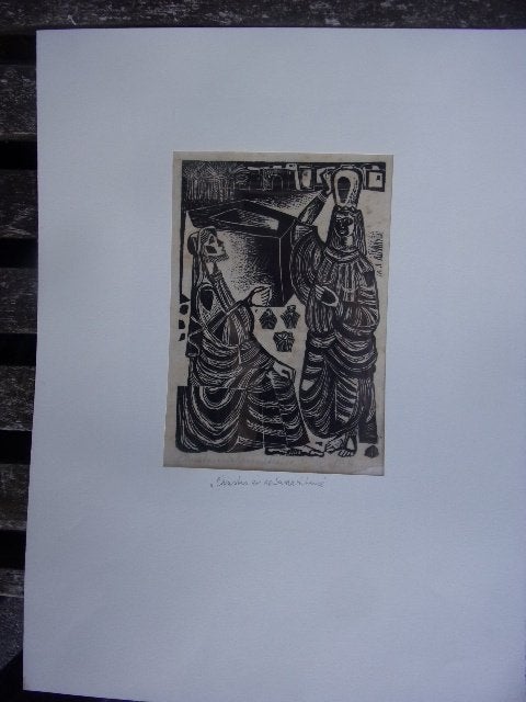Bouman, Bert - Christus en de Samaritaanse vrouw Houtsnede, Religie, Met tekst, Ophalen of Verzenden, 14 cm