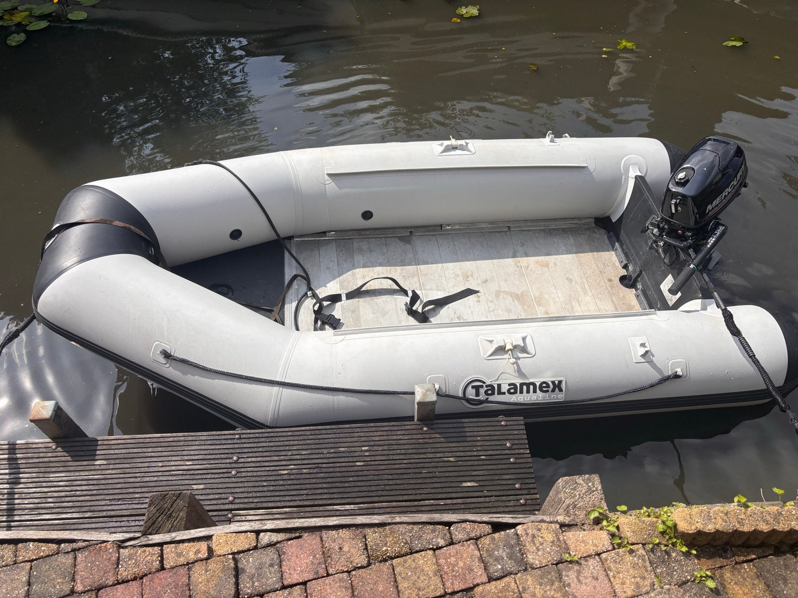 Talamex rubberboot met Mercury 6pk buitenboordmotor, Watersport en Boten, Rubberboten, Ophalen, Gebruikt, Pomp, Hout