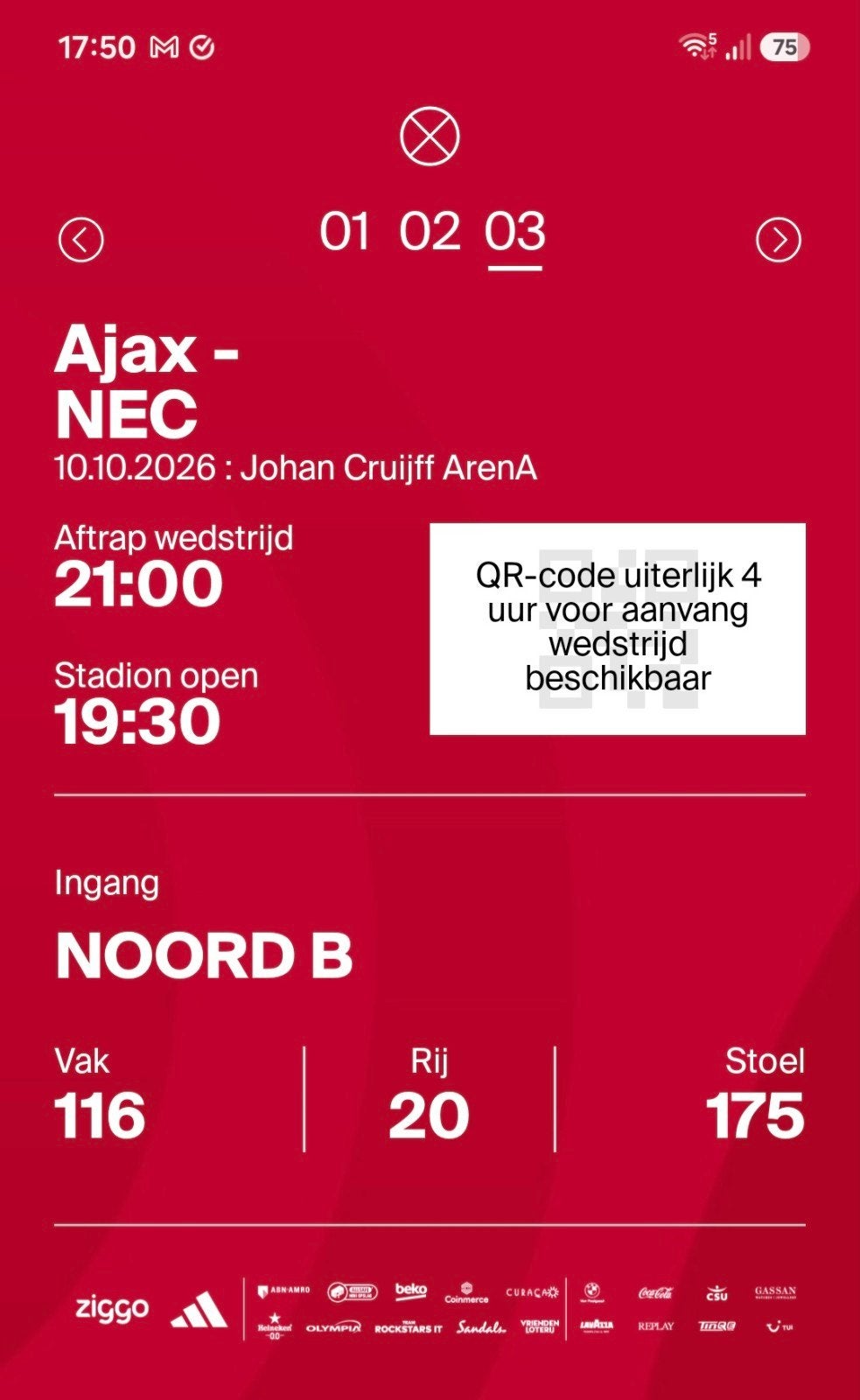 Wedstrijd Ajax-NEC in de J.C.Arena, Seizoenskaart, Eén persoon