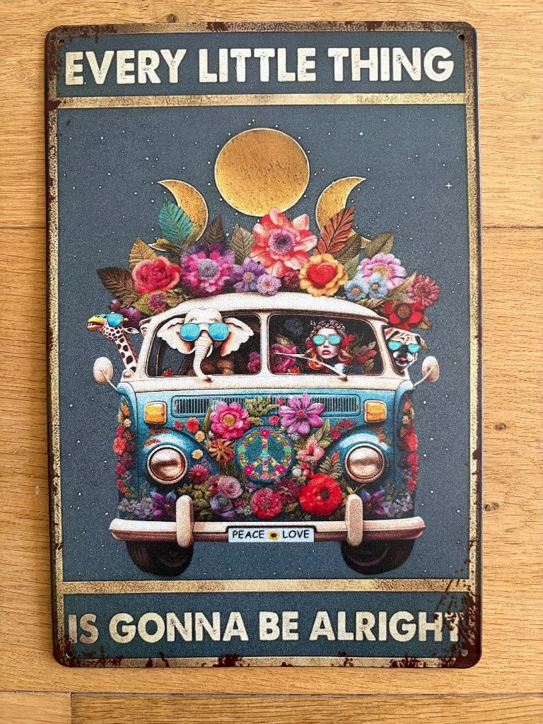 Vintage look metalen bord hippiebus bloemen 25x15 cm, Ophalen of Verzenden, Nieuw