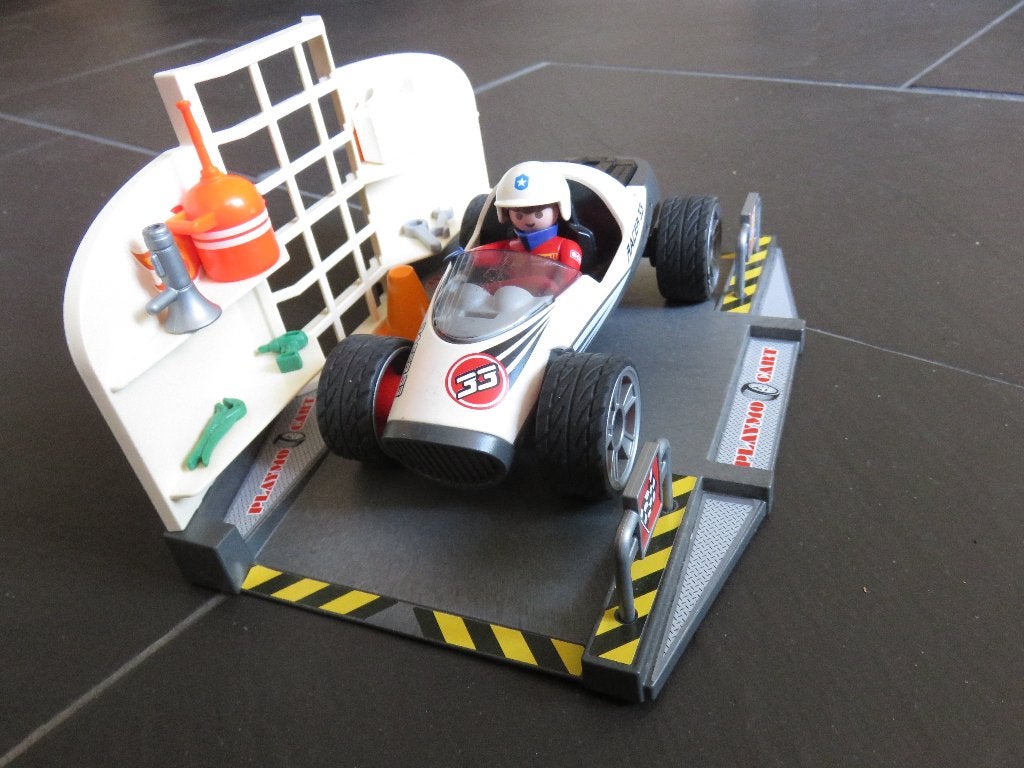 Playmobil raceauto met frixie op pitstop., Ophalen of Verzenden, Gebruikt