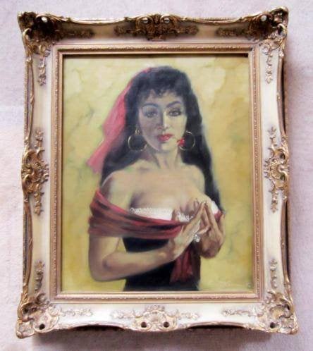 portret==vrouw met bloem tussen de lippen == gesigneerd, Ophalen of Verzenden