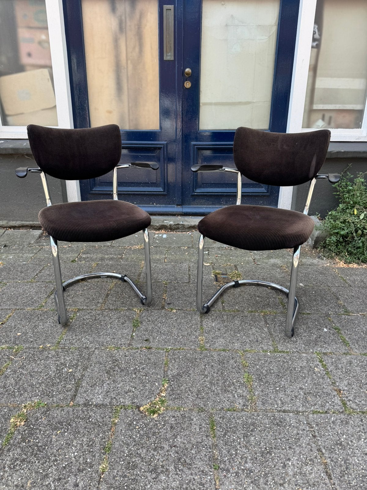 SETPRIJS jaren 60 De Wit 3011 buisframe vintage design stoel, Ophalen, Gebruikt, Twee, Bruin