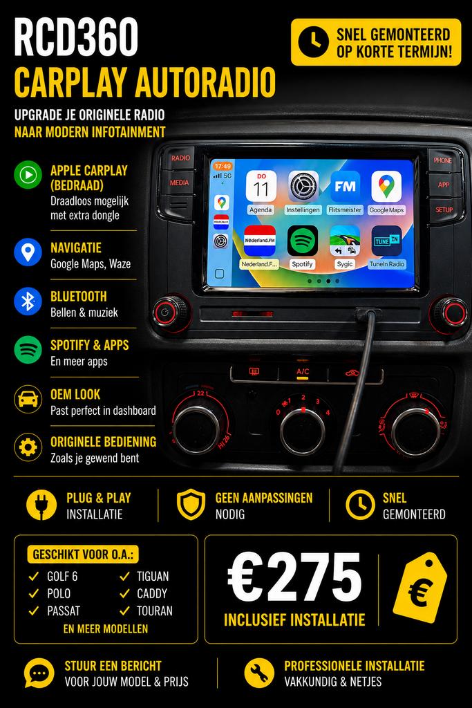 RCD360 CarPlay Autoradio voor Volkswagen (incl. installatie), Ophalen of Verzenden, Nieuw