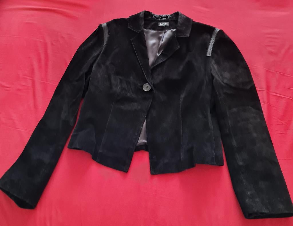Leuk kort leren / suede jasje - maat 36 - vintage, Kleding | Dames, Jasjes, Kostuums en Pakken, Zwart, Ophalen of Verzenden, Zo goed als nieuw
