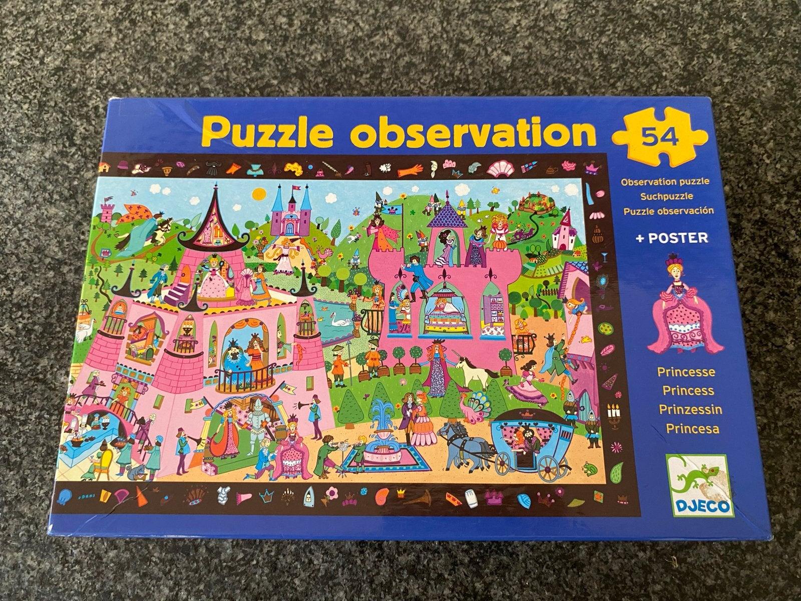 Djeco Observatie Puzzel Prinsessen Kasteel 54 stukjes, Ophalen of Verzenden, Meer dan 50 stukjes, Gebruikt, 4 tot 6 jaar