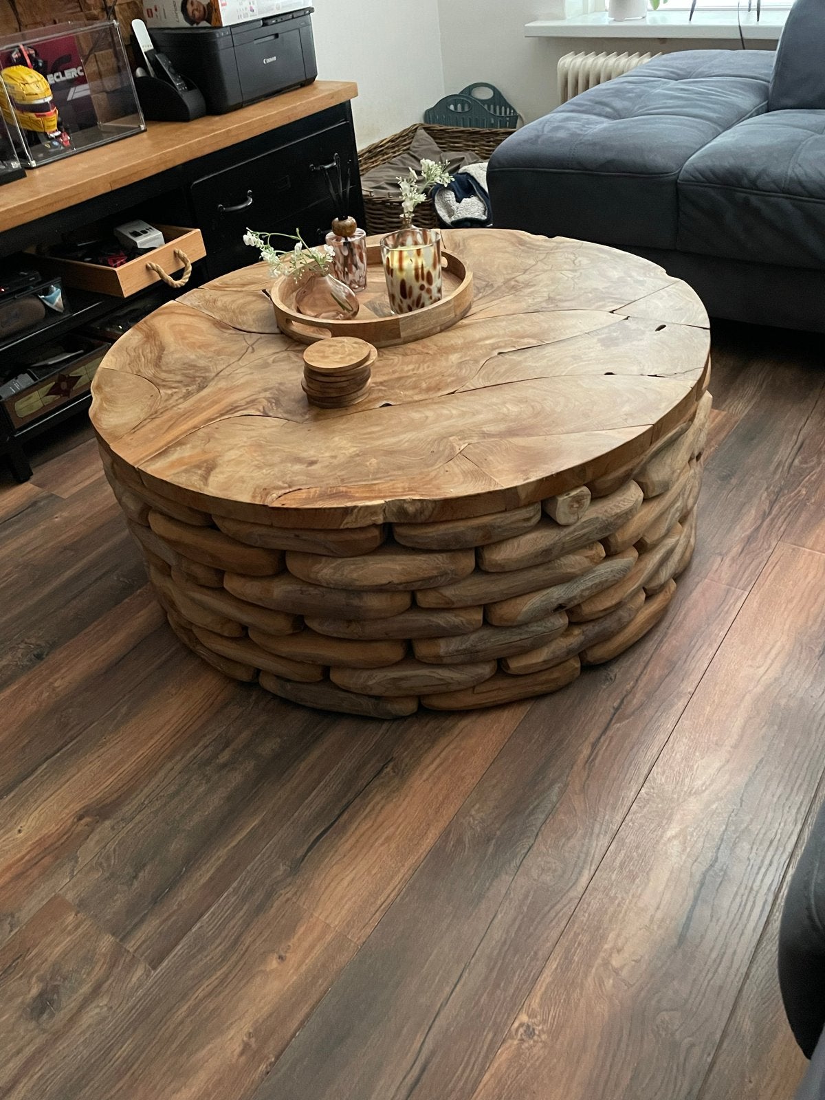 Grote ronde houten salontafel - Uniek design, Ophalen, Gebruikt, 100 tot 150 cm, Rond