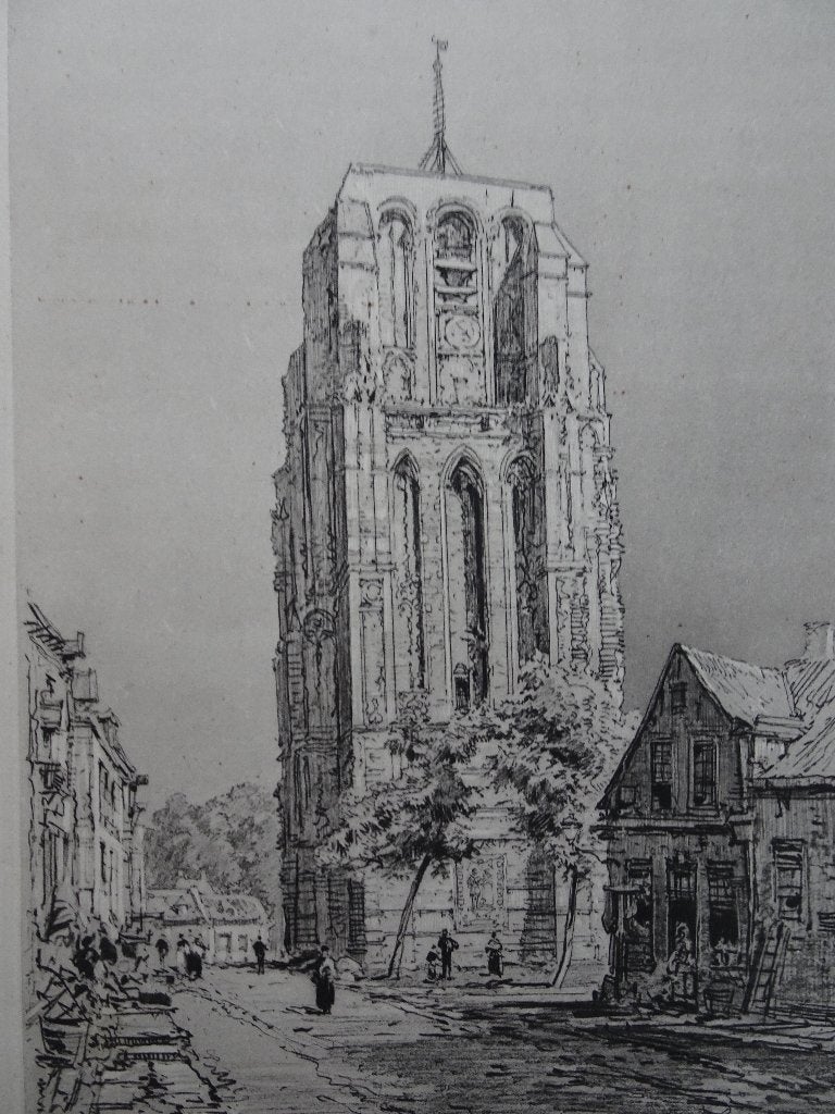 gravure toren Oldehoven Vituskathedraal Leeuwarden Decaux, Antiek en Kunst, Kunst | Etsen en Gravures, Verzenden, Stadsgezicht