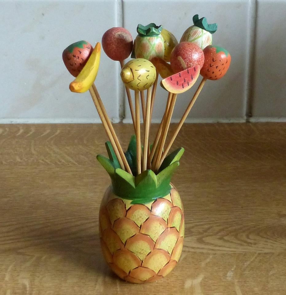 Cocktailprikkers hout fruit ananas houder hapjes prikkertjes, Ophalen of Verzenden, Gebruikt, Hout
