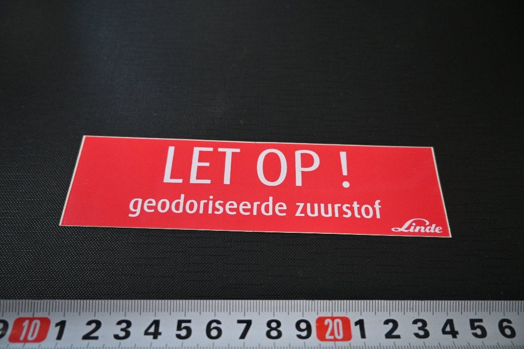 sticker LINDE  Let Op !  geodoriseerde zuurstof, Ophalen of Verzenden, Zo goed als nieuw