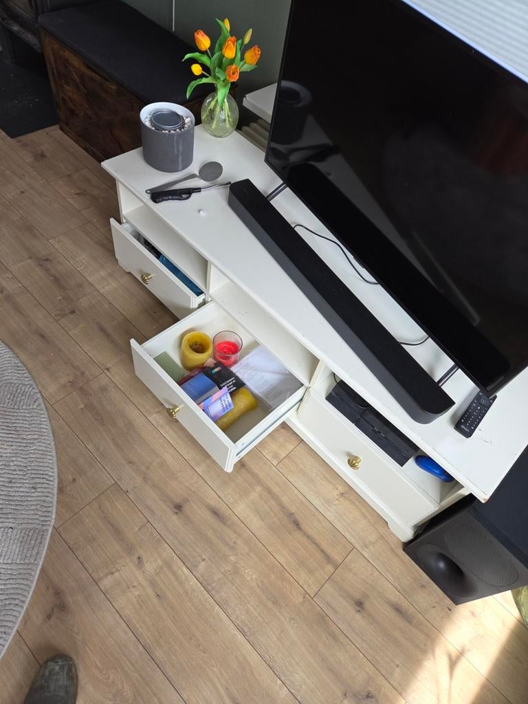 Wit houten tv meubel 145x50x50, Gebruikt, 100 tot 150 cm, Klassiek, Ophalen of Verzenden