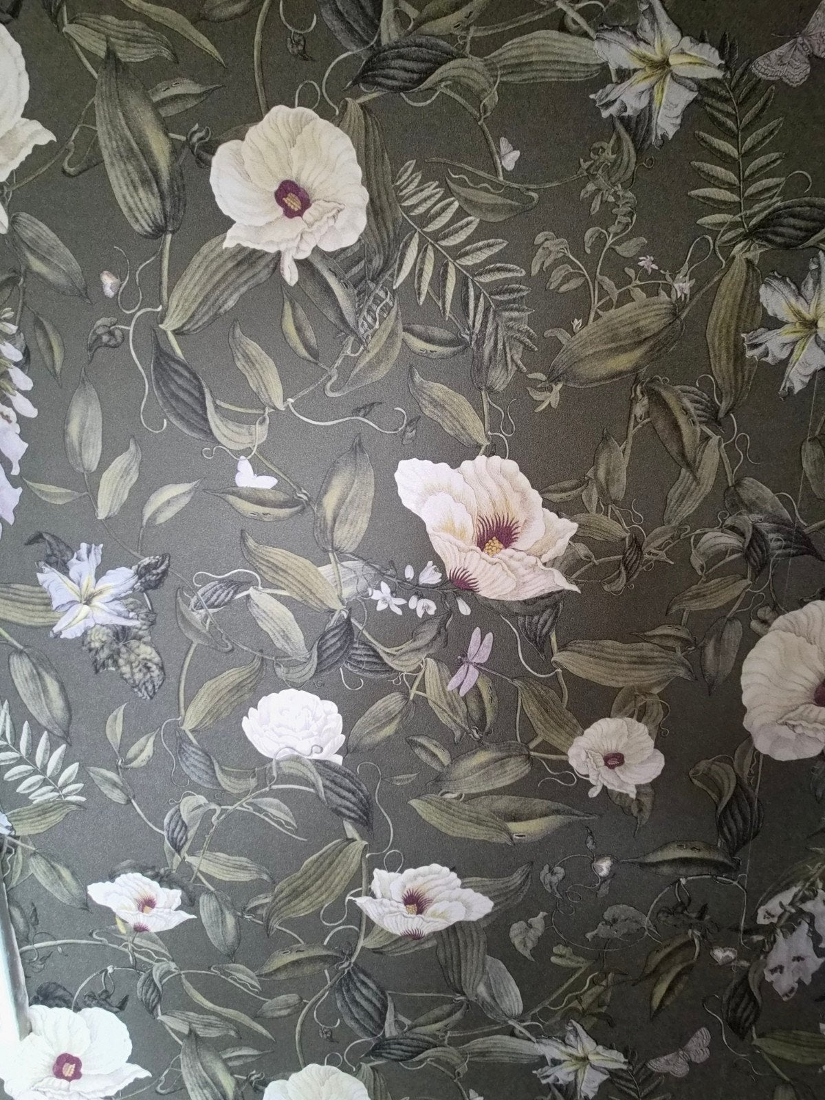 Restje bloemenbehang - Donkergroen met witte bloemen, Ophalen, Bloemen, Natuurlijk, Overige merken
