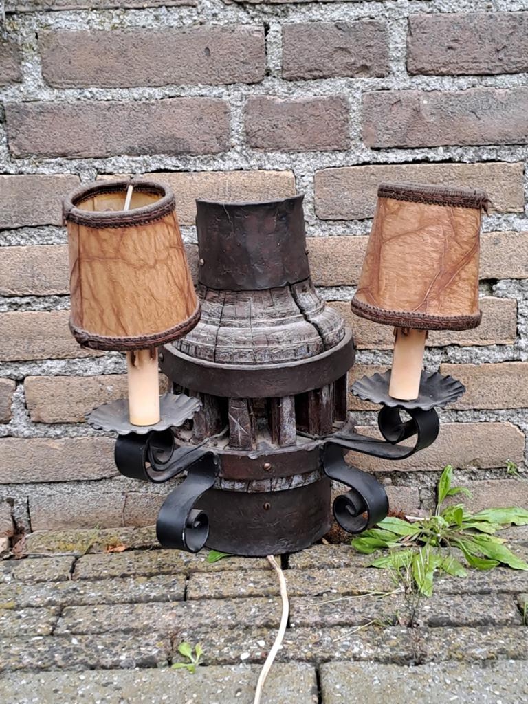 Rustieke vintage wand schemerlamp, Huis en Inrichting, Ophalen of Verzenden, Gebruikt, Stof, Rustiek, bruin café