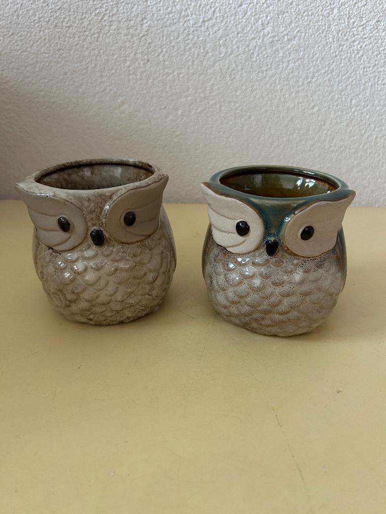 2 keramische mini-uilpotjes, Tuin en Terras, Bloempotten, Rond, Binnen, Ophalen of Verzenden, Zo goed als nieuw