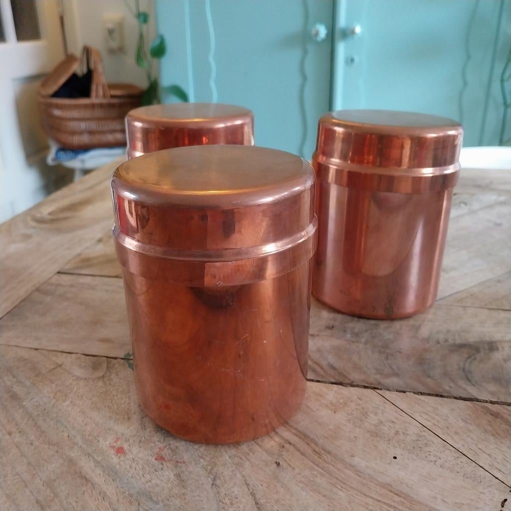 4 x vintage voorraadpot van rvs met koper coating buitenkant, Ophalen of Verzenden