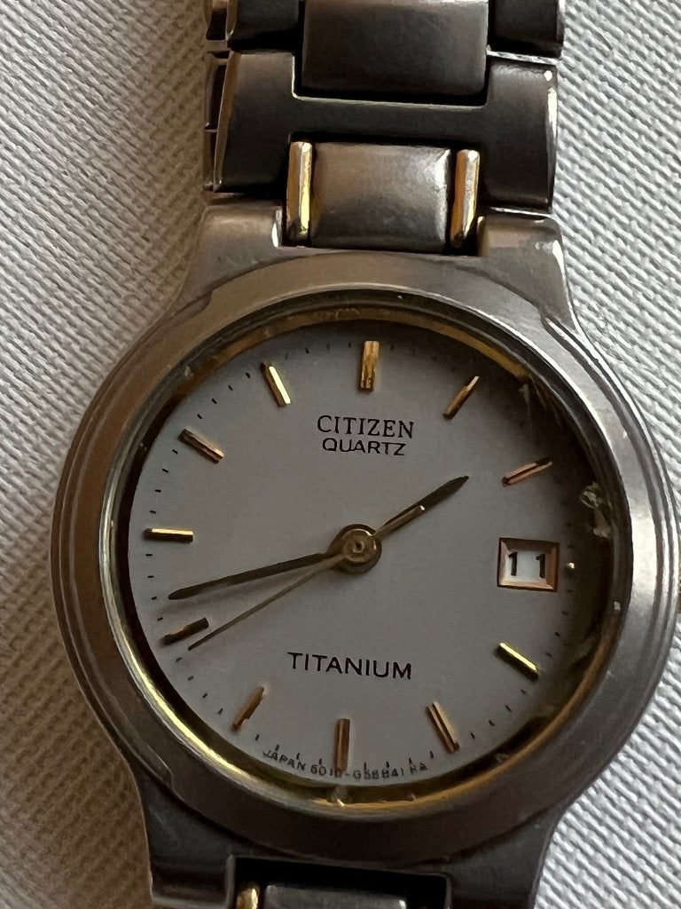 Citizen quartz titanium horloge bicolor vintage, Ophalen, Gebruikt, Staal, Polshorloge