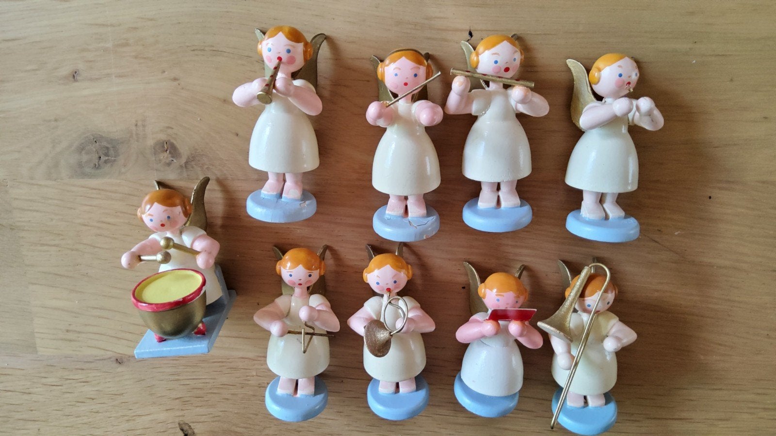 9 Vintage Ertsgebergte Engelen Engelingband beeldenset hout., Ophalen of Verzenden