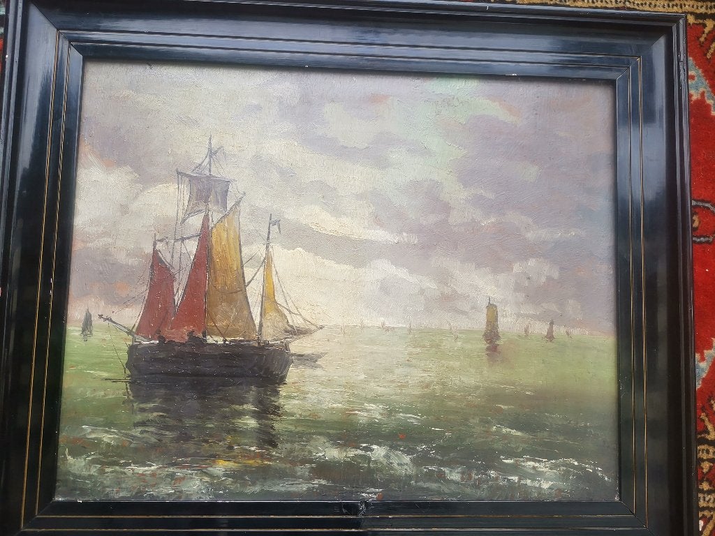 19e-eeuws Schilderij Olieverf Marine Zeezicht Zonsondergang, Ophalen of Verzenden