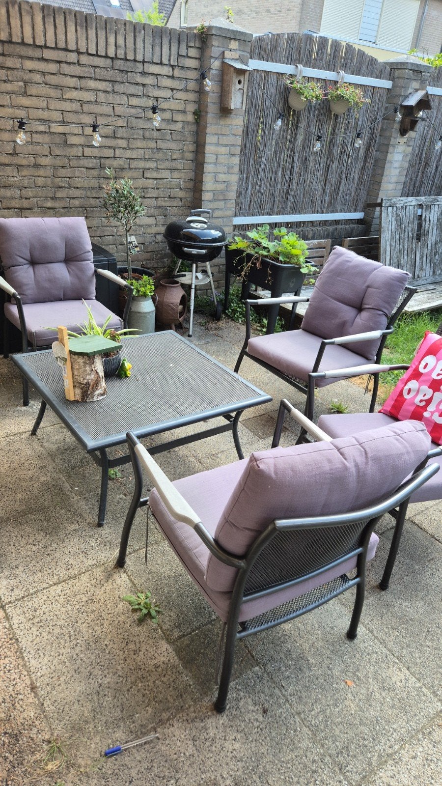 Complete tuinset met 4 stoelen, tafel en kussens, Tuin en Terras, Ophalen, Gebruikt, Tuinset, Eettafel